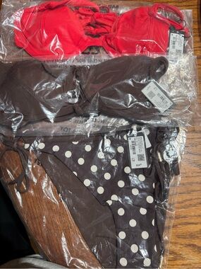 Garage Women’s Bikini Set - Red Top, Brown Top & Brown Polka Dot Bottom